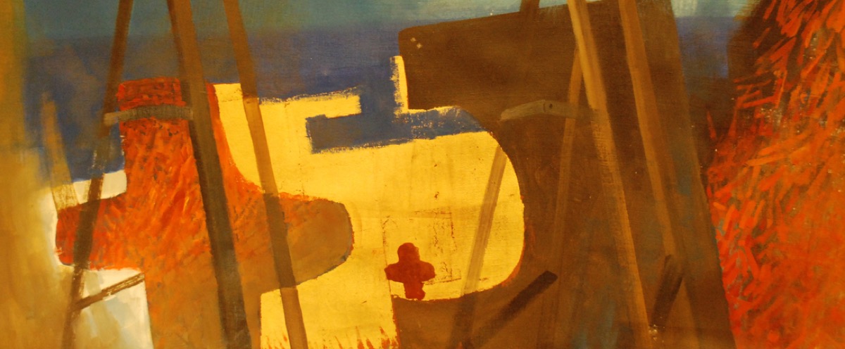 Peinture d'Arcabas — croix et lumière, tons ocre et bleu